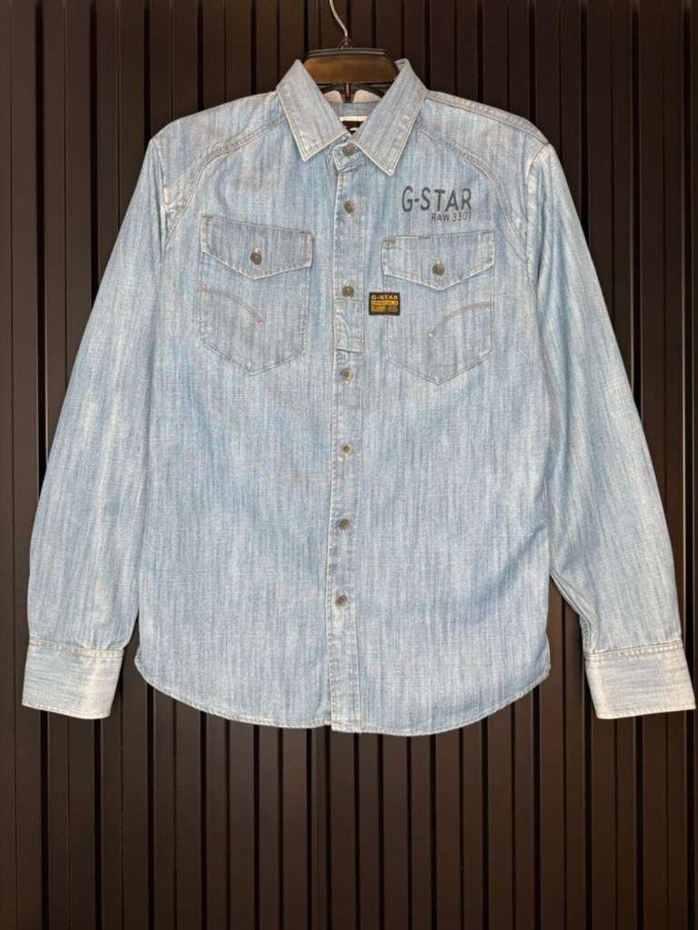G-Star RAW Mens Arizona Rhine Denim Shirt M Light Wash Western Graphic Pearl Sna